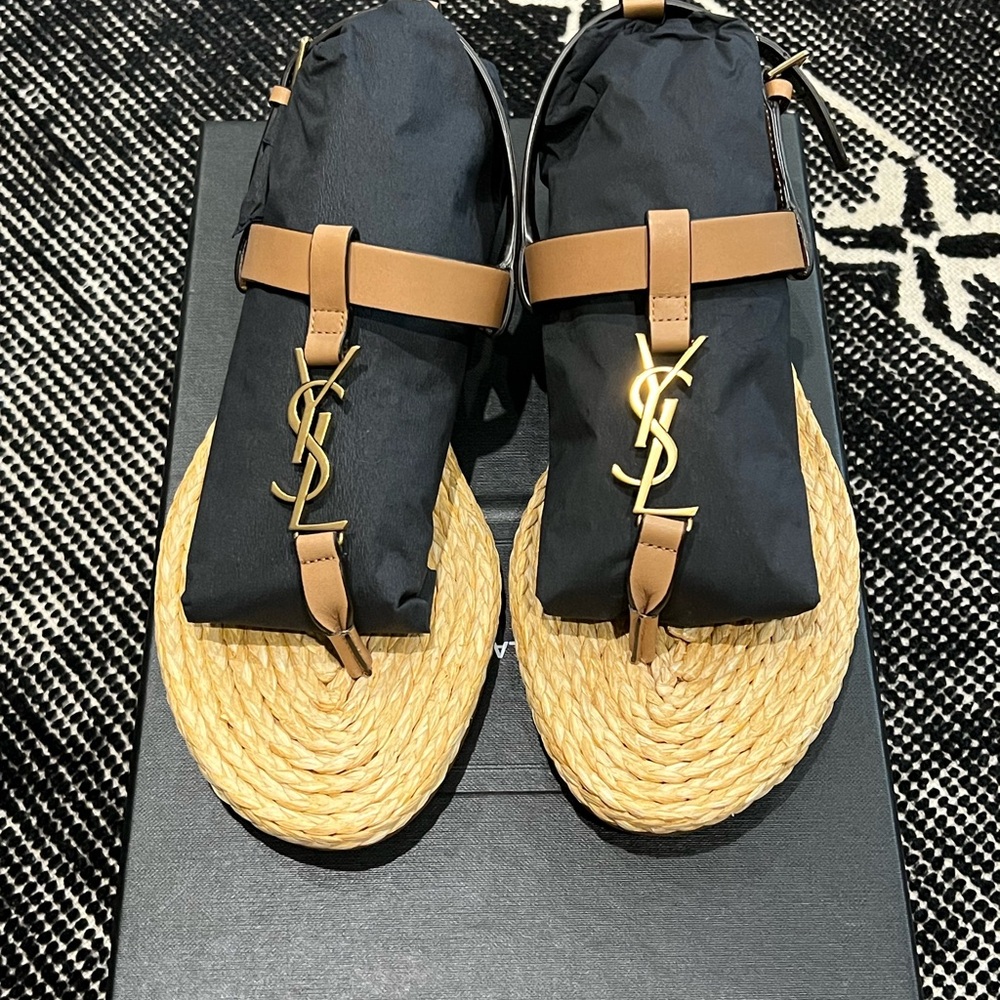 Saint Laurent Raffia Black and Tan Sandals